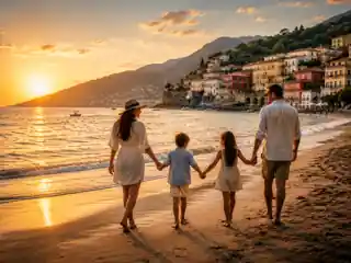 Family of four walking along a coastal beach at golden hour